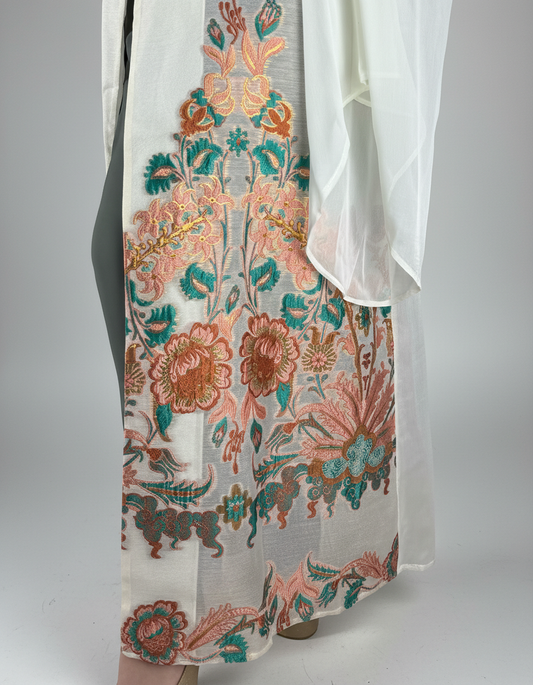 2-Piece Light Beige Floral A-Line Abaya