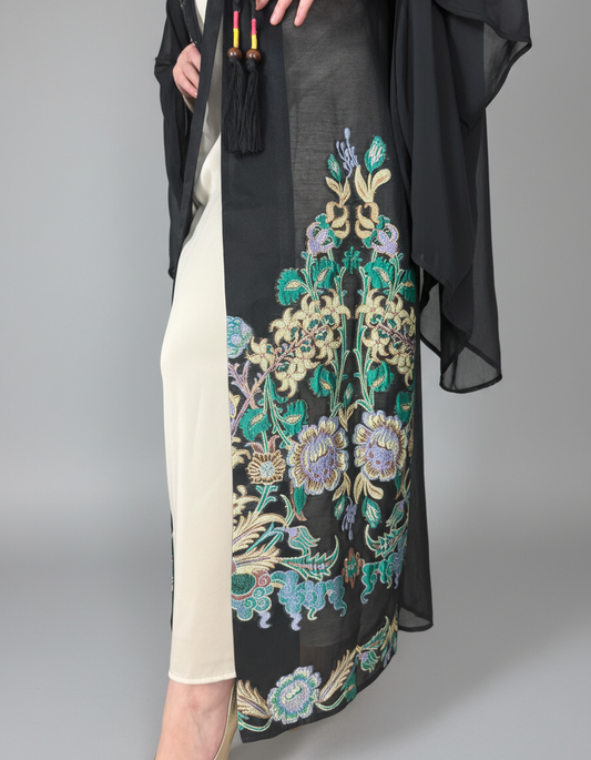 2-Piece Black Floral A-Line Abaya