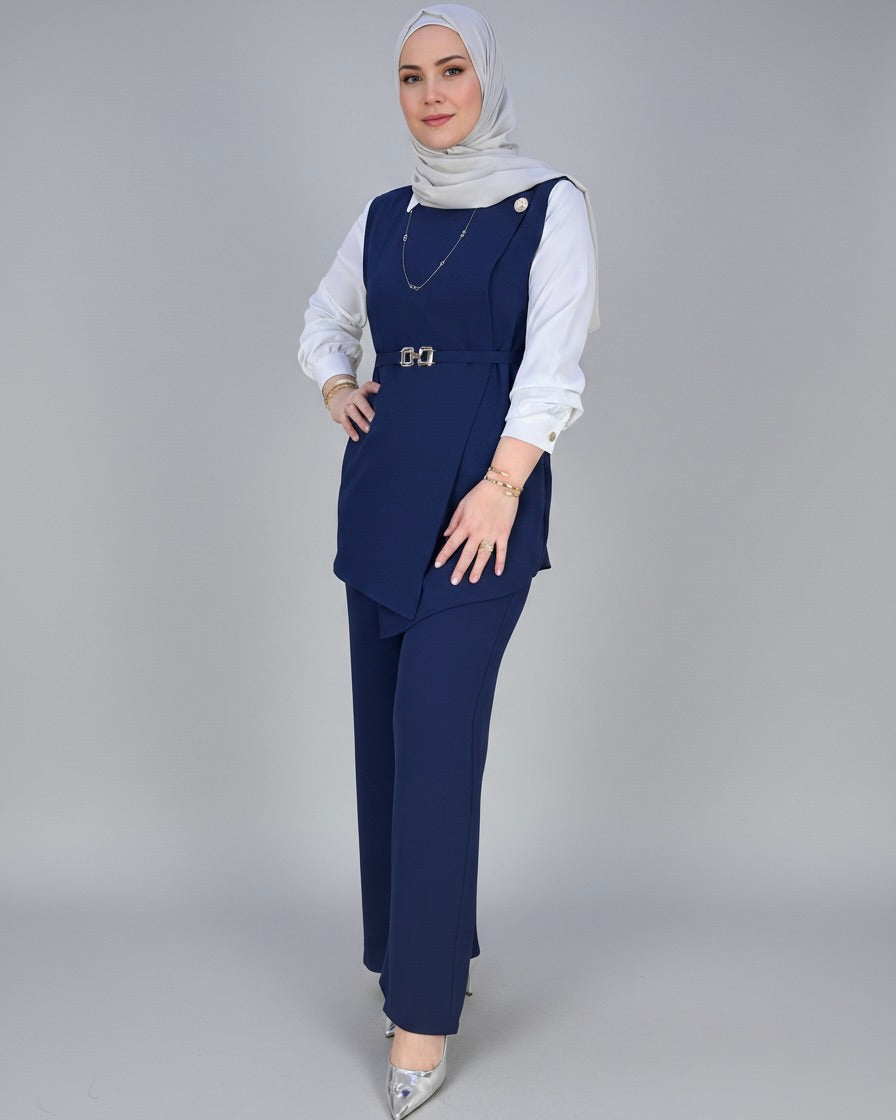 3-Piece Asymmetric Belted Vest Set