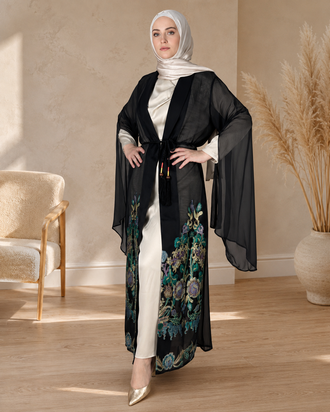 2-Piece Black Floral A-Line Abaya