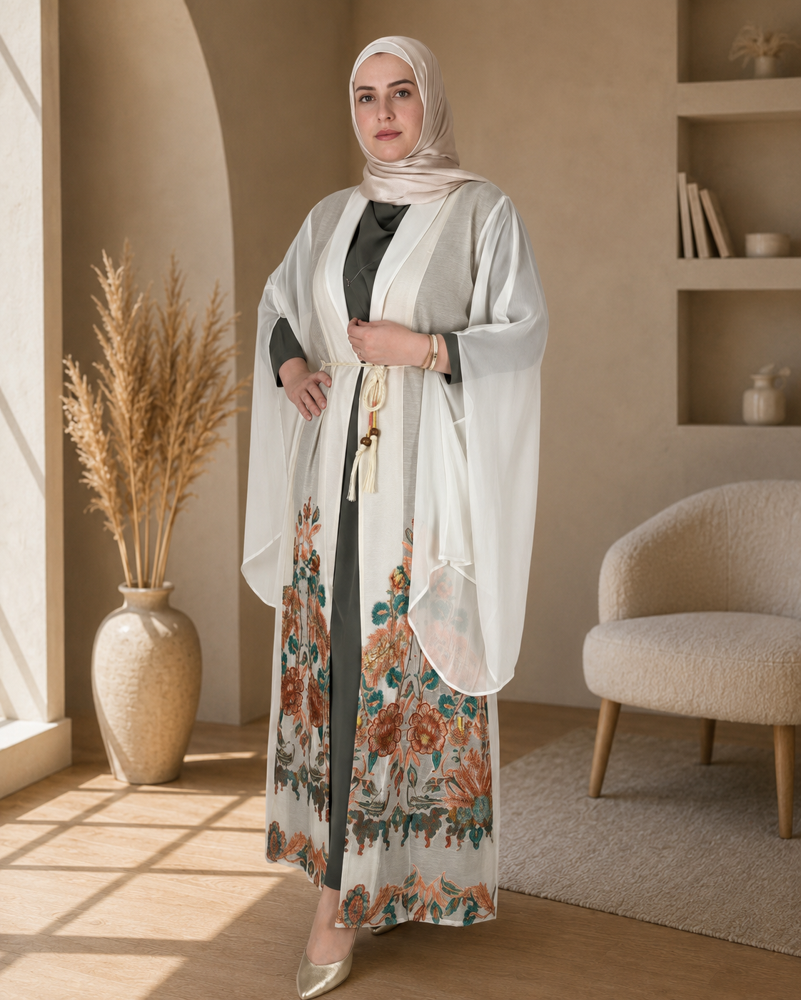 2-Piece Light Beige Floral A-Line Abaya