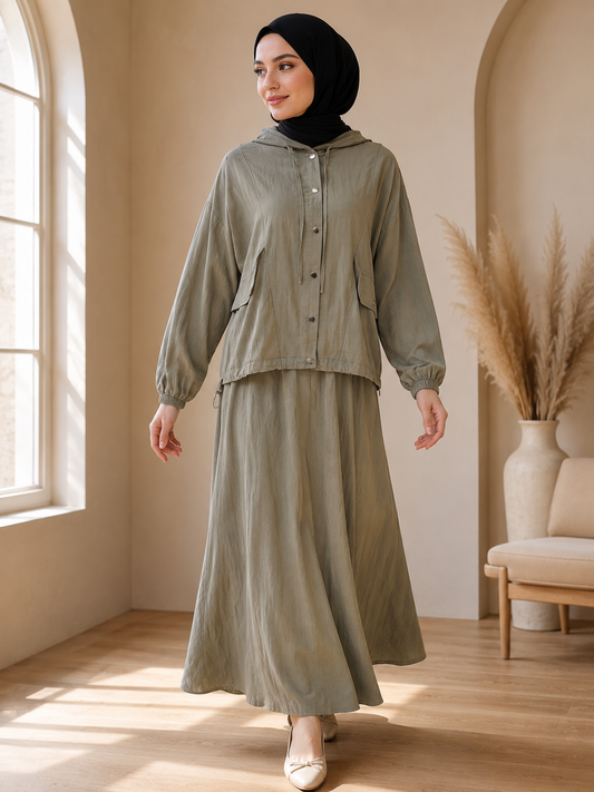Snap-Buttoned Hoodie Skirt Set