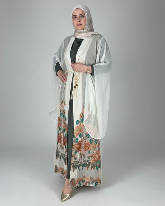 2-Piece Light Beige Floral A-Line Abaya