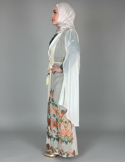 2-Piece Light Beige Floral A-Line Abaya