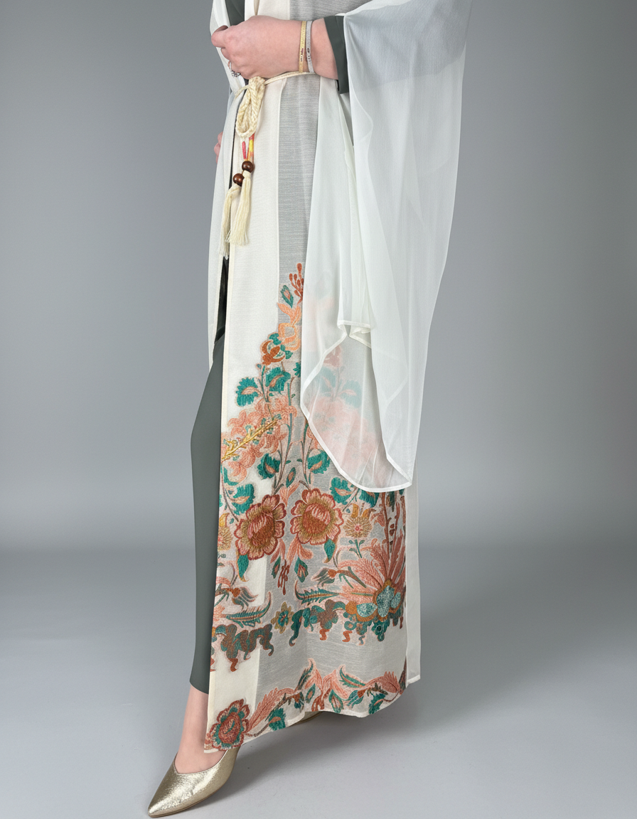 2-Piece Light Beige Floral A-Line Abaya