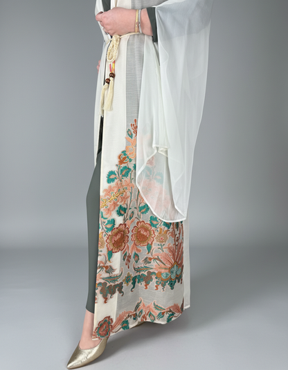 2-Piece Light Beige Floral A-Line Abaya