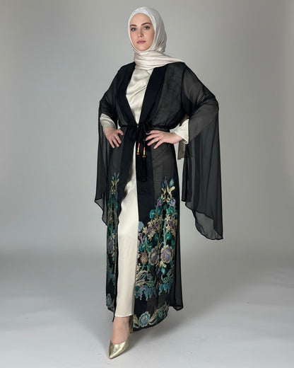 2-Piece Black Floral A-Line Abaya