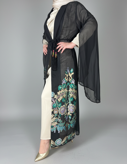 2-Piece Black Floral A-Line Abaya